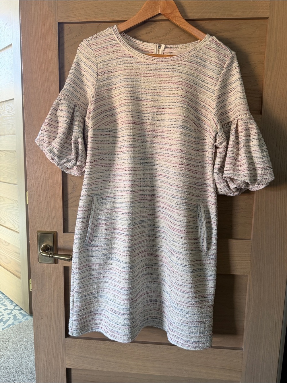 LOFT Cream Textured Puff-Sleeve Midi Dress with Subtle Stripes